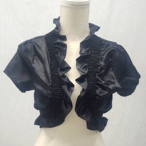Ruffled Shrug Black Satin Collared Open Front Cropped Whimsigoth Fairycore
